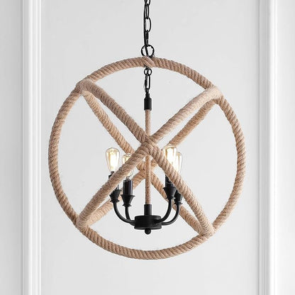 JONATHAN Y 20" Black/Brown 4-Light Iron and Rope Globe Pendant Light, Adjustable Height Coastal Farmhouse Chandelier for Kitchen Island Dining Room, LED Bulbs Included JYL9041A