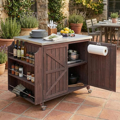 JIJIWANG 42.1" Outdoor Kitchen Island with Stainless Steel Top and Side Shelf, Outdoor Grill Cart with Storage Cabinet and Adjustable Shelves, Kitchen Cart on Wheels for Small Spaces Dark Brown