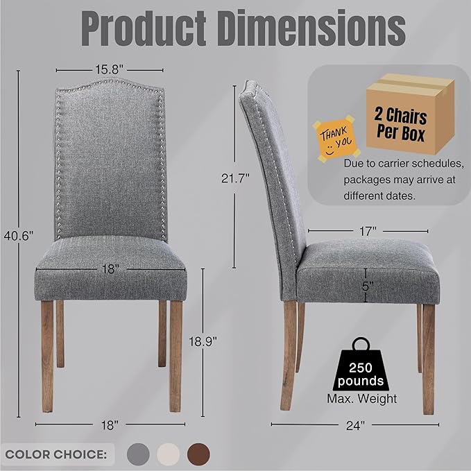 Upholstered Dining Chair Modern Stylish Parsons Kitchen Diner High Back with Silver Nailhead Trim & Wood Legs, Set of 4, Fabric Classic Grey