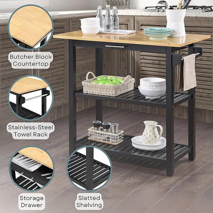 Convenience Concepts Designs2Go 3 Tier Butcher Block Kitchen Prep Island 40" - 3 Tier Modern Cooking Cart with Drawer, Food Serving Station for Kitchen, Dining Room, Black