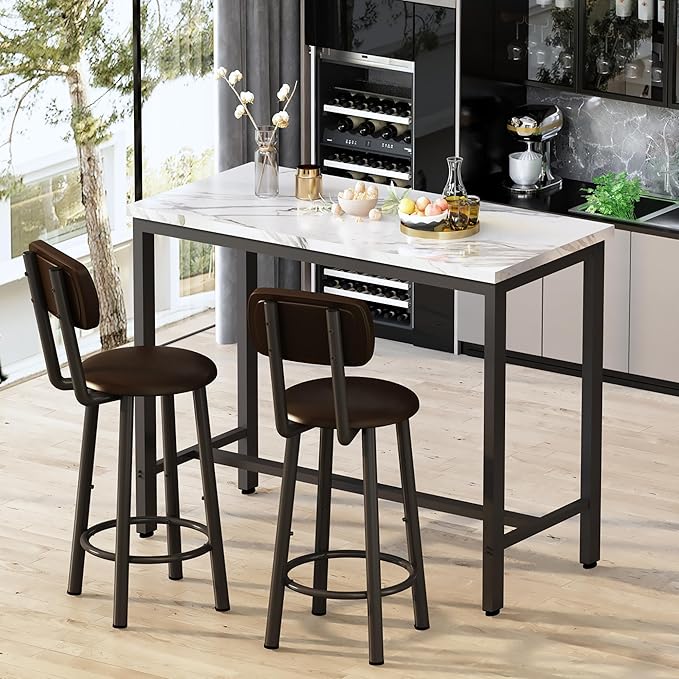 Lamerge Faux Marble Pub Height Table with 2 PU Upholstered Stools,3-Piece Kitchen Table and Chairs,Suit for Dining Room & Living Room & Breakfast Nook,Space Saving Set for 2,White & Brown,39.3"