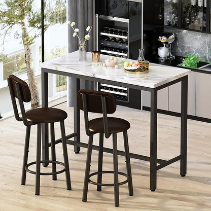 Lamerge Faux Marble Pub Height Table with 2 PU Upholstered Stools,3-Piece Kitchen Table and Chairs,Suit for Dining Room & Living Room & Breakfast Nook,Space Saving Set for 2,White & Brown,39.3"
