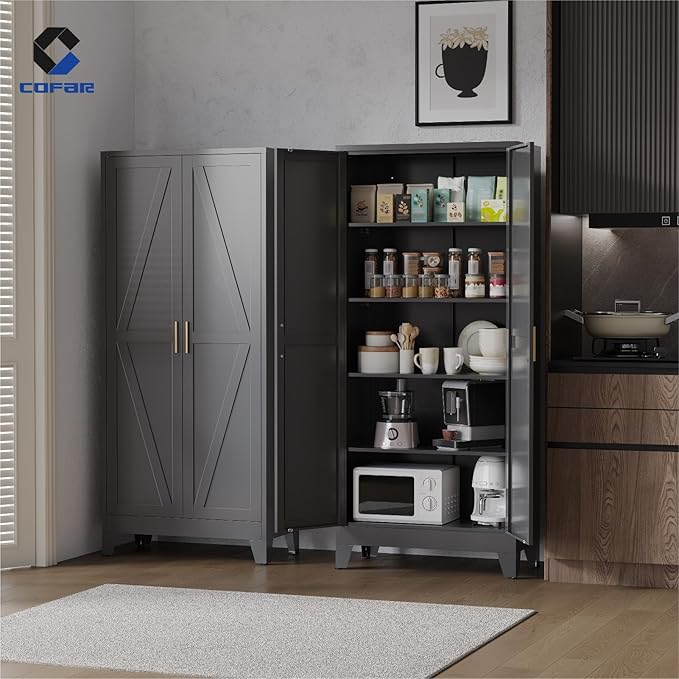 COFaR Metal Pantry Cabinet with Doors, Farmhouse 71'' Tall Storage Cabinet with 4 Adjustable Shelves, Kitchen Pantry Cabinet for Dinning Room, Garage, Laundry, Bathroom, Black 5-Tier
