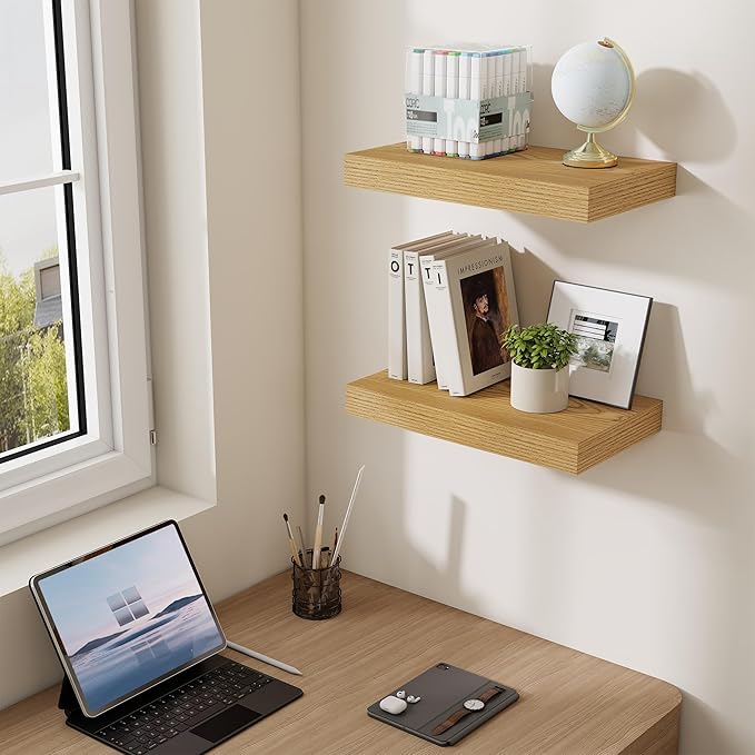 Dreamland 16 Inches Floating Shelves for Wall,6.7 Inch Deep Floating Shelves Set of 2, Large Display & Storage Shelf, Wall Shelf for Bathroom Bedroom Living Room Kitchen Office,Light Brown