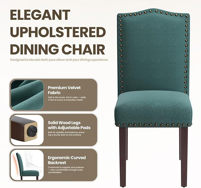 MALOL Dining Chairs Set of 4, Soft Comfortable Upholstered Parsons Dining Chairs with High-Density Cushion & Solid Wood Legs, Elegant Nailhead Trim for Dining Room, Kitchen, Living Room – Green