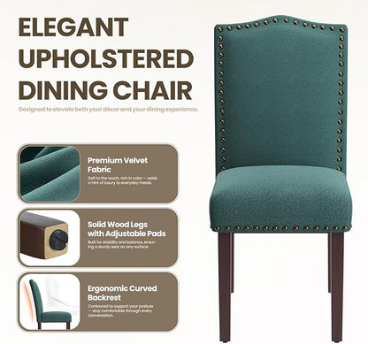 MALOL Dining Chairs Set of 2, Soft Comfortable Upholstered Parsons Chairs with High-Density Cushion & Solid Wood Legs, Nailhead Trim, Modern Accent Chairs for Dining Room, Kitchen, Living Room – Green