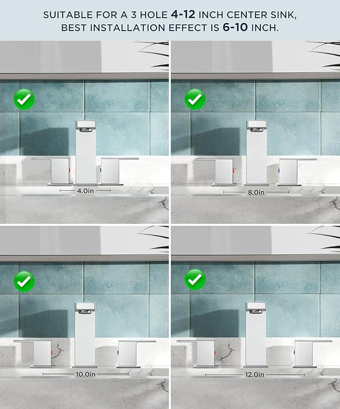 QFN Lead-Free Chrome Bathroom Faucet 3 Hole, Square Bathroom Sink Faucet 8 Inch Widespread, 2 Handle for 6"-12" Vanity Sink with Metal Pop Up Drain and 24" cUPC Supply Hoses