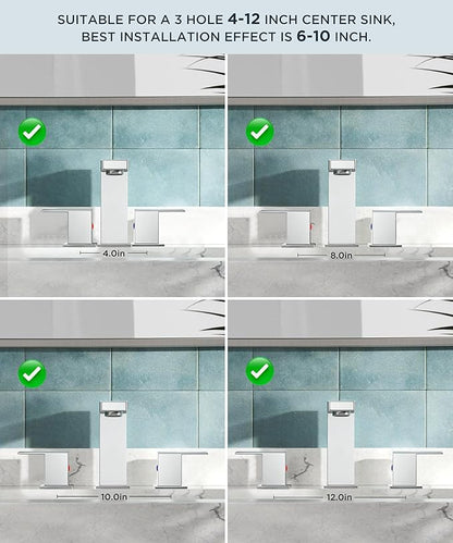 QFN Lead-Free Chrome Bathroom Faucet 3 Hole, Square Bathroom Sink Faucet 8 Inch Widespread, 2 Handle for 6"-12" Vanity Sink with Metal Pop Up Drain and 24" cUPC Supply Hoses