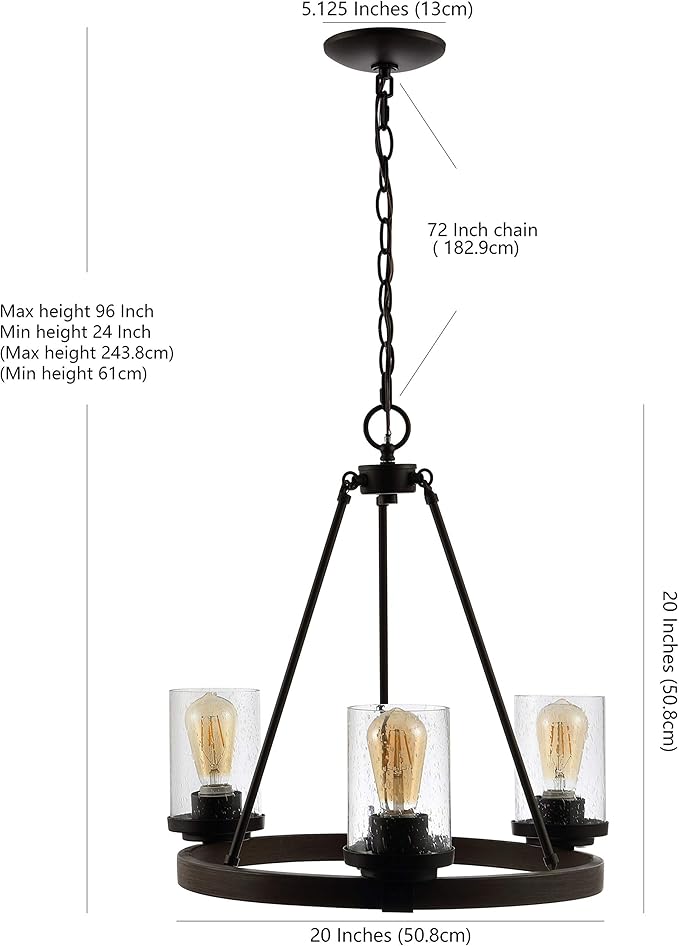 JONATHAN Y 20" Oil Rubbed Bronze 3-Light Rustic Farmhouse LED Chandelier, Round Metal Wagon Wheel Pendant Lighting for Dining Room Kitchen with Seeded Glass Shade JYL7511A