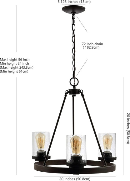 JONATHAN Y 20" Oil Rubbed Bronze 3-Light Rustic Farmhouse LED Chandelier, Round Metal Wagon Wheel Pendant Lighting for Dining Room Kitchen with Seeded Glass Shade JYL7511A