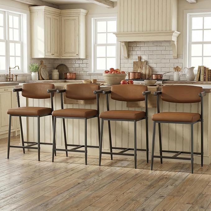 GarveeHome Counter Height Bar Stools Set of 6 with Armrests, 26" Upholstered 6pcs Tall Bar Stools Set, Long Backrest & Extra Thick Cushion, Modern High Barstools for Kitchen Island, Pub, Coffee Brown