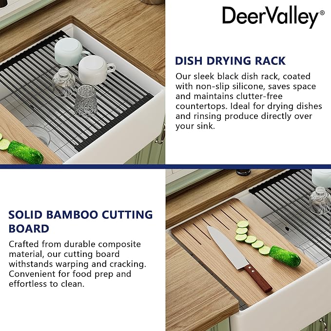 33In White Farmhouse Sinks for Kitchens, DeerValley 33 Inch Farm Kitchen Sink Workstation Flat Apron Front, White Fireclay Single Bowl Kitchen Basin with Cutting Board, Dish Rack & Grid, Easy to Clean