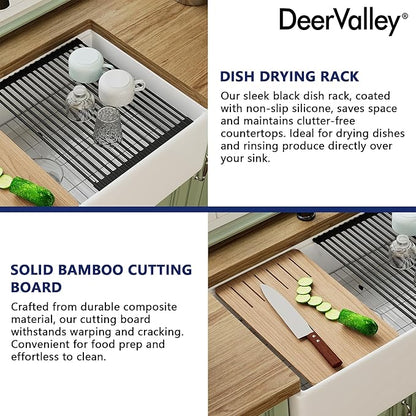 33In White Farmhouse Sinks for Kitchens, DeerValley 33 Inch Farm Kitchen Sink Workstation Flat Apron Front, White Fireclay Single Bowl Kitchen Basin with Cutting Board, Dish Rack & Grid, Easy to Clean