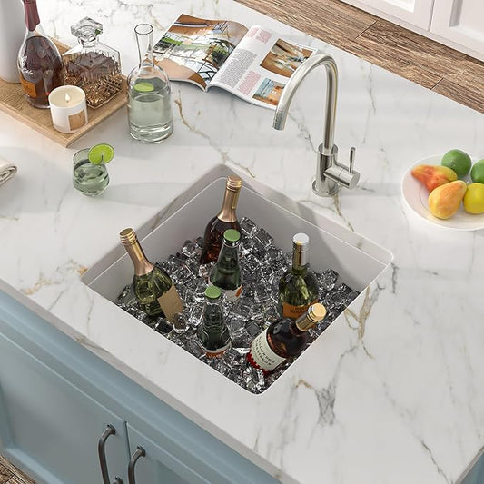 17"x17" Undermount Bar Prep Sink – White Granite Composite Quartz Classic Under Counter Single Bowl Sink Basin for Wet Bar, RV, Small Kitchen