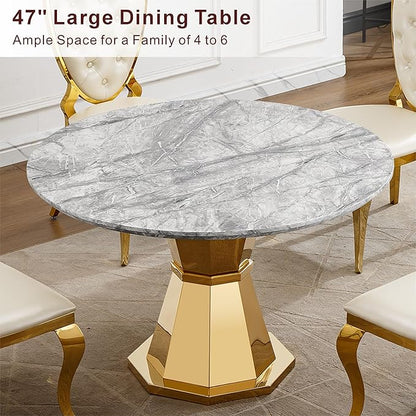 47" Round Marble Dining Table for 4-6, Luxury Modern Kitchen Table with Marble Grain MDF Tabletop & Gold Mirrored Stainless Steel Pedestal Base, Grey Stone Dinner Table for Dining Room (Table Only)