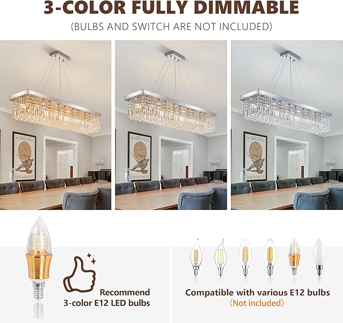 Modern Silver Rectangular Crystal Chandelier,10-Light Modern Chandelier,K9 Crystal Rectangle Chandelier,Farmhouse Pendant Light Fixture for Kitchen Island Bar Bedroom L47 x W10 x H10