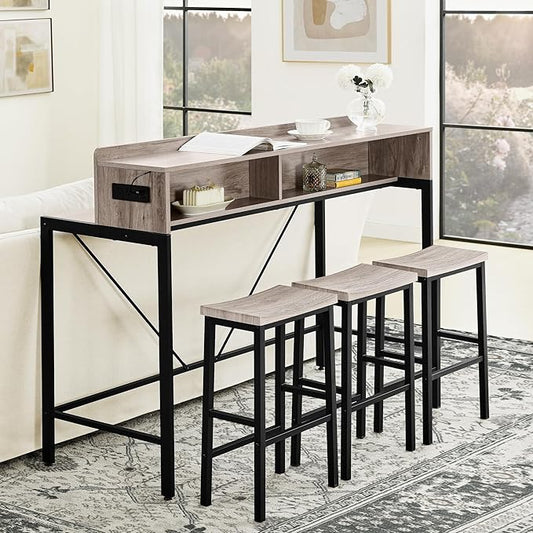 59" Bar Height Table and Chairs Set – Farmhouse Style Bar Table with 3 Saddle Stools, Perfect as Kitchen Table, Small Dining Table with Chairs, or Kitchen Island Seating Solution (Grey)