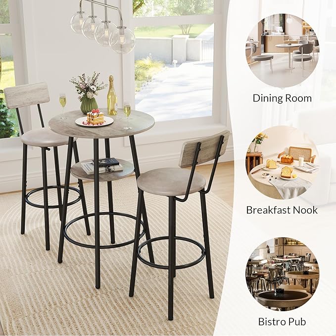 Zevemomo 3 Pieces Round Bar Table Set, Small Dining Table for 2, Breakfast Table with Storage, Modern Kitchen Bar Table, 2 Upholstered Stools with Backrest for Kitchen, Dining Room & Bistro-Grey