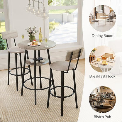 Zevemomo 3 Pieces Round Bar Table Set, Small Dining Table for 2, Breakfast Table with Storage, Modern Kitchen Bar Table, 2 Upholstered Stools with Backrest for Kitchen, Dining Room & Bistro-Grey
