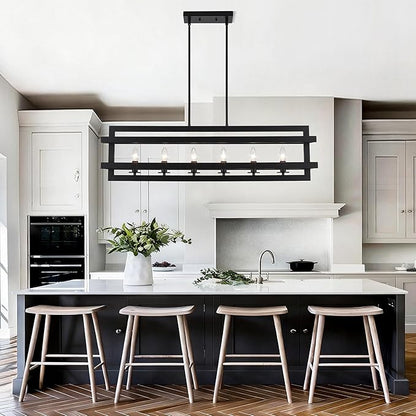 Black Chandeliers Rectangle Pendant Lights Kitchen Island Farmhouse Dining Room Light Fixtures 6-Lights Modern Chandelier for Living Room Kitchen