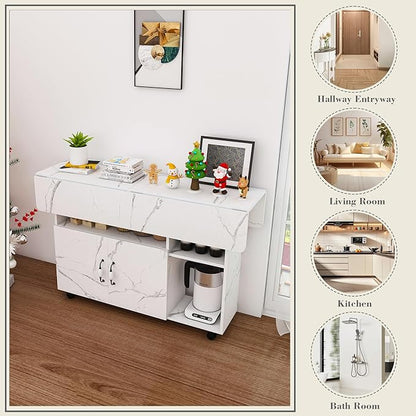 47" Folding Dining Table with Storage Shelves, Multi-Functional Rolling Kitchen Island on Wheels, Compact Desk for Small Spaces, Kitchen, Dining Room, Work, White