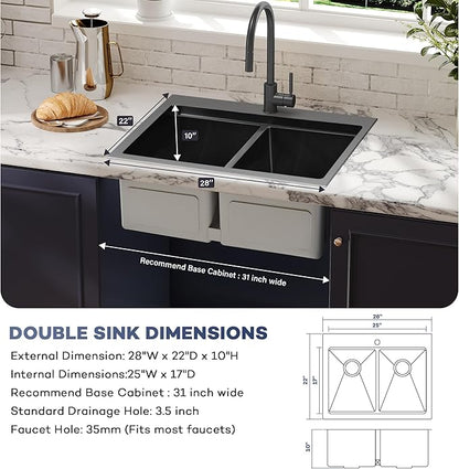 MILOSEN 28 Inch Black Double Bowl Kitchen Sink, Black Drop in 16 Gauge T304 Stainless Steel Sinks, Workstation Sink 50/50 Topmount Double Basin with Accessories, 10'' Large and Deep Kitchen Sinks