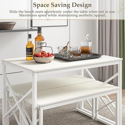 VECELO Kitchen Table with 2 Benches for 4, 43.3'' Wood Dining Room Dinette Sets with Metal Frame for Breakfast Nook and Small Space, White