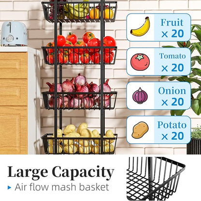 Simple Trending 4 Tier Rolling Fruit Vegetable Basket Cart, Metal Wire Kitchen Storage Organizer on Wheels for Bread Onion Potatoes, Black