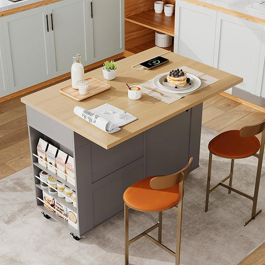 IDEALHOUSE Rolling Kitchen Island with Drop Leaf Countertop, Charging Station & Ample Storage - 47.2" Mobile Kitchen Cart On Wheels with Pull-Out Shelves, Drawers, Spice Rack & Organizer Divider