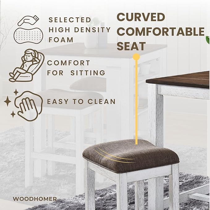 3-Piece Wooden Dining Table Set, Kitchen Island with Seating for 2, Kitchen Bar Table with Stools, Counter Height Dining Table Set, Antique Dark Oak & White, Farmhouse Style