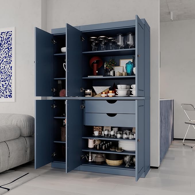 Palace Imports Solid Wood Kitchen Pantry Cabinet - 71.5" Tall Freestanding Cupboard Pantry with 2-Drawer Kit & Adjustable Shelves - Antique Blue, Renewable Eco-Friendly 100% Wood, Made in Brazil