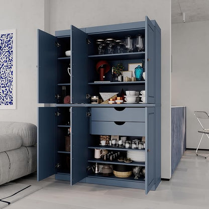 Palace Imports Solid Wood Kitchen Pantry Cabinet - 71.5" Tall Freestanding Cupboard Pantry with 2-Drawer Kit & Adjustable Shelves - Antique Blue, Renewable Eco-Friendly 100% Wood, Made in Brazil