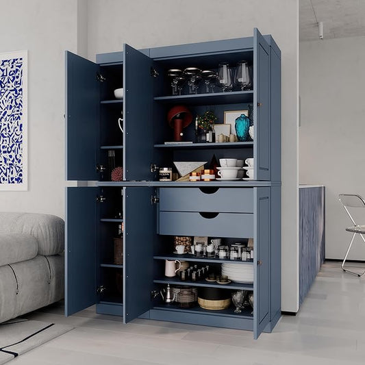 Palace Imports Solid Wood Kitchen Pantry Cabinet - 71.5" Tall Freestanding Cupboard Pantry with 2-Drawer Kit & Adjustable Shelves - Antique Blue, Renewable Eco-Friendly 100% Wood, Made in Brazil