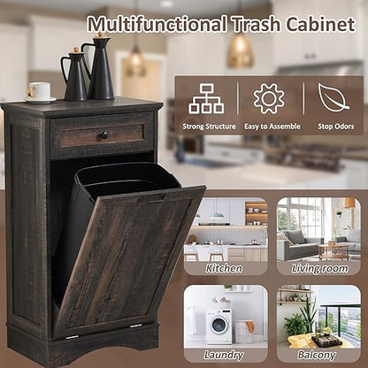 13 Gallons Tilt Out Trash Cabinet Freestanding Kitchen Trash Bin Cabinet Wood Garbage Recycling Cabinet with Hideaway Drawer Pet Proof Trash Can Holder for Kitchen Living Room, Rustic Brown