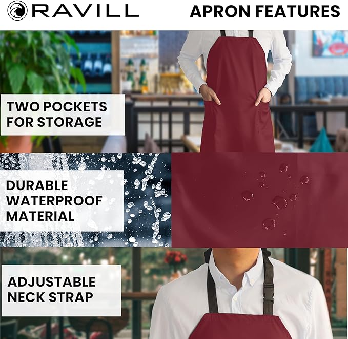 Ravill Waterproof Apron For Men and Women - 2 Pockets - 35" Long Multi Purpose Work Aprons for Dishwashing, Dog Grooming