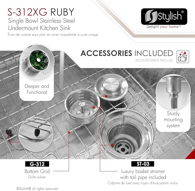 Stylish Undermount Kitchen Sink 25 x 18 Inch 16G Stainless Steel Sink 10mm Radius Corners Single Bowl Kitchen Sinks with Bottom Grid and Luxury Basket Strainer, S-312XG