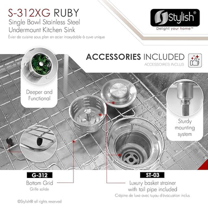 Stylish Undermount Kitchen Sink 25 x 18 Inch 16G Stainless Steel Sink 10mm Radius Corners Single Bowl Kitchen Sinks with Bottom Grid and Luxury Basket Strainer, S-312XG