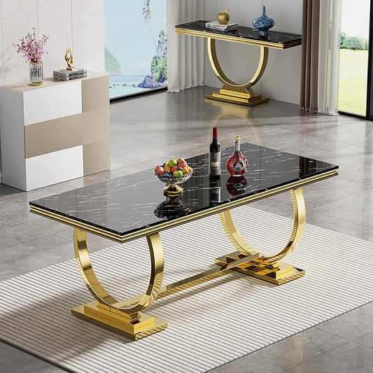 Black Marble Dining Table for 6, Modern Gold Kitchen & Dining Room Table for 6 with Mirrored Stainless Steel Frame, Luxurious Faux Marble Rectangular Dining Table for Dining Room Kitchen