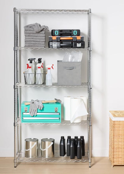 Basics 5-Shelf Adjustable Heavy Duty Steel Wire Rack, Space Saving Storage Shelving Organizer for Kitchen, Garage, No-Tool Assembly, 350 lbs Weight Capacity, 36" x 14" x 72", Chrome