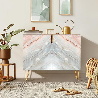 SIGNWIN Sideboard Buffet Cabinet, Kitchen Storage Cabinet with 2 Doors, Red & Gray Granite Marble Pattern, Cupboard Console Table for Dining Room - 35" L x 18" W x 29" H
