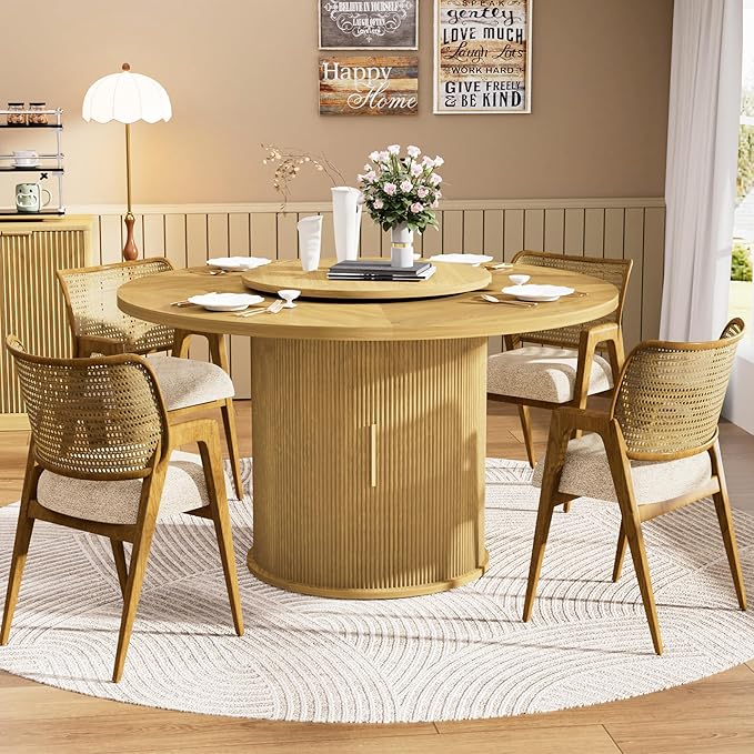 55 inch Round Dining Table for 4-6, Round Wooden Dining Table with Rotating Tabletop Tray & Sliding Door Base, Modern Farmhouse Kitchen Table with 2 Tier Storage Shelf for Kitchen Living Room, Natural