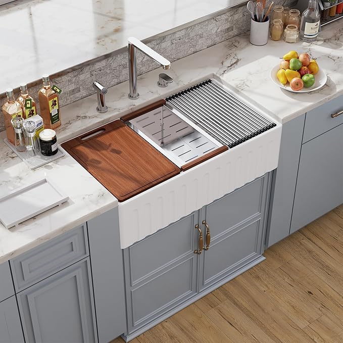 30 White Farmhouse Sink Reversible Workstation, Hugsleek Undermount Farm Kitchen Sink 30x20 inch Apron Front White Porcelain Ceramic Fireclay Sinks Single Bowl Under Counter Farmer Basin Accessories