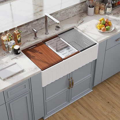 30 White Farmhouse Sink Reversible Workstation, Hugsleek Undermount Farm Kitchen Sink 30x20 inch Apron Front White Porcelain Ceramic Fireclay Sinks Single Bowl Under Counter Farmer Basin Accessories