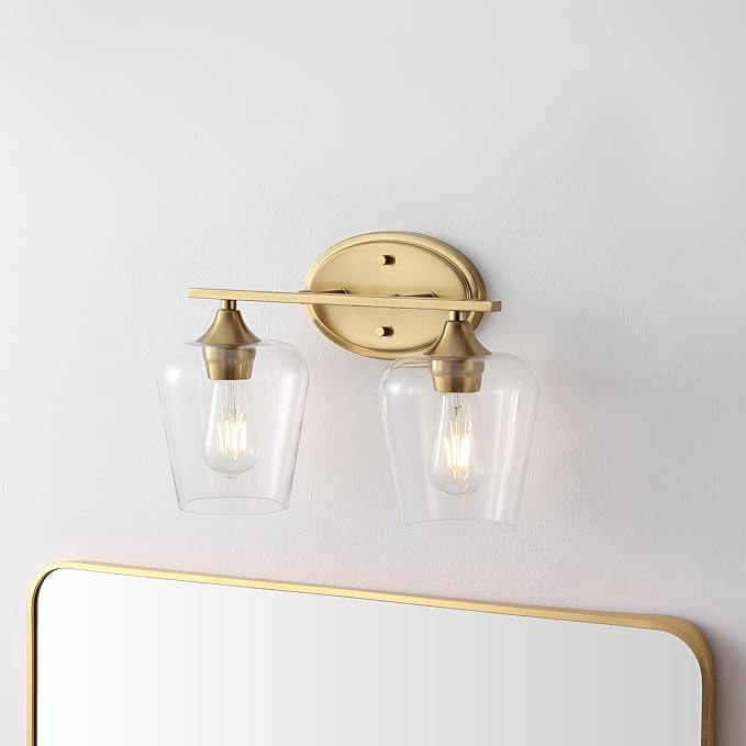 JONATHAN Y 15.75" Brass Gold 2-Light Farmhouse Rustic LED Vanity Light Sconce, Clear Glass Shade, Vintage Indoor Fixture for Bathroom Mirror, LED Bulb Included (JYL7546B)
