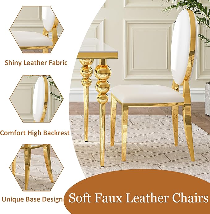 7 Piece Dining Table Set, 70 Inch Rectangular Glass Kitchen Table with 6 Round Back Leather Chairs, for Dining Room, Living Room, Restaurant (Gold-White)