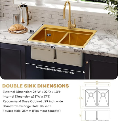 MILOSEN 26 Inch Gold Double Bowl Kitchen Sink, Gold Drop in 16 Gauge T304 Stainless Steel Sinks, Workstation Sink 50/50 Topmount Double Basin with Accessories, 10'' Deep Laundry Outdoor Sinks