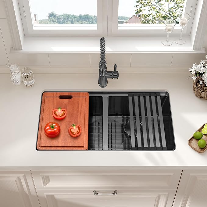 LQS Black Undermount Kitchen Sink, 31 Inch Double Kitchen Sink Stainless Steel 16 Gauge, 10” Depth Workstation Kitchen Sink with Built-In Ledge for Convenient Kitchen and Cooking Life