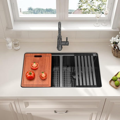 LQS Black Undermount Kitchen Sink, 31 Inch Double Kitchen Sink Stainless Steel 16 Gauge, 10” Depth Workstation Kitchen Sink with Built-In Ledge for Convenient Kitchen and Cooking Life