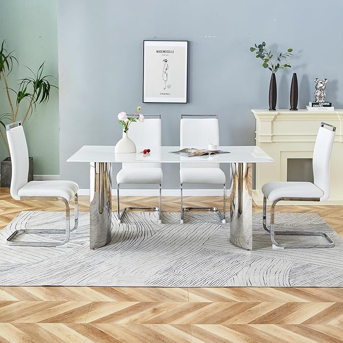 gopop 71'' Modern Dining Table for 6,Marble Dining Table with 0.39-Inch Thick Glass Tabletop and Chrome-Plated Stainless Steel Base,White Large Dinner Table Ideal for Kitchen Home Office