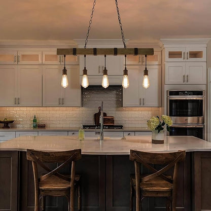 LALUZ Kitchen Island Lighting, 5-Light Farmhouse Linear Chandeliers for Dining Room, 35.5'' Rustic Faux Wood Island Lights for Kitchen